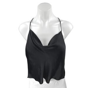 Zara Black Sleeveless Cowl Neck Silk Satin Cropped Cami Camisole Tank Top Size S
